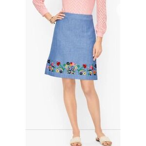 Talbots Blue Linen Blend Embroidered Floral Chambray‎ A-Line Skirt